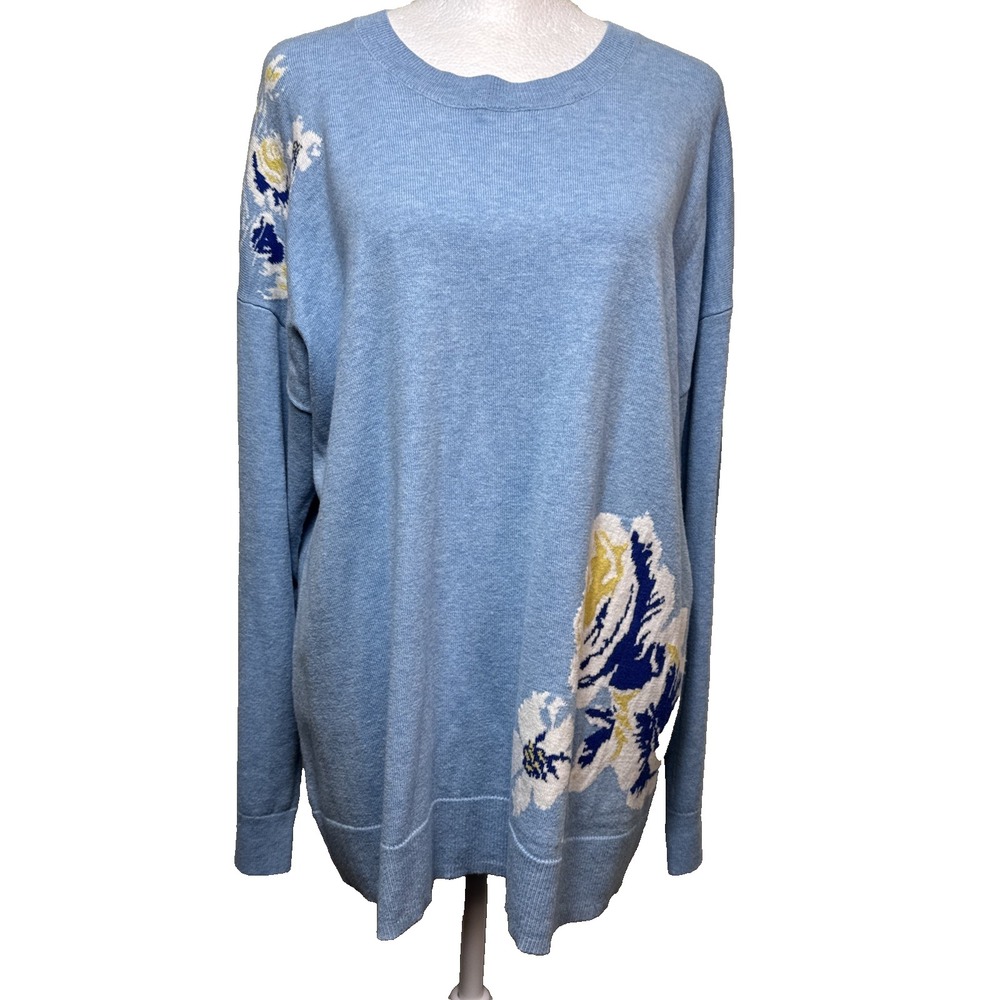 WoolOvers Sweater Womens L Blue Floral Merino Wool Cotton Knit Pullover Jumper